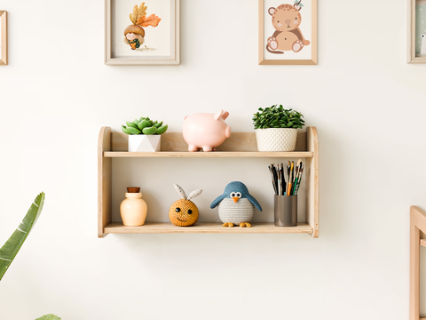 Natural wooden two-level wall shelf filled with plants and decor, ideal for organizing in a child's room or modern space.