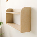 Natural wooden wall shelf with two levels, seen from the side, featuring a clean design perfect for functional and stylish organization