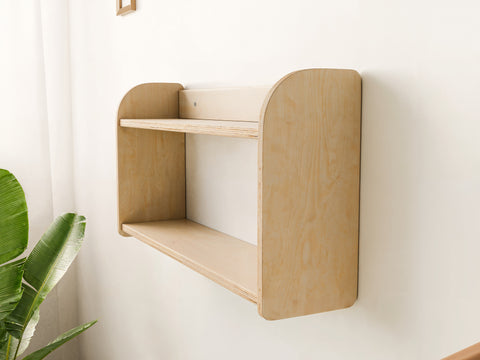 Natural wooden wall shelf with two levels, seen from the side, featuring a clean design perfect for functional and stylish organization