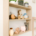 Close-up side view of a Montessori-inspired wall-mounted shelf, showcasing toys, plants, and a wooden design perfect for a child's room.